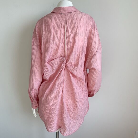 Zara Pink Coquette Button Down Shirt Twisted Cut Out Back Oversized Size Medium - Picture 5 of 12